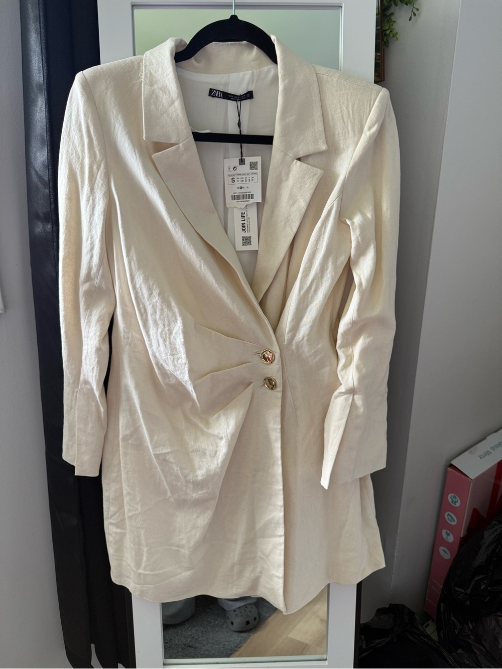 NEW ZARA LINEN BLEND BLAZER DRESS PLEAT BEIGE OFF WHITE IVORY 7875/939 SZ S
